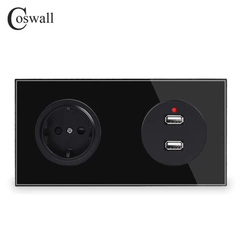 Coswall Kristāla Rūdīts Tīra Stikla Paneli ES Standarta strāvas Kontaktligzdu + Dual USB Uzlādes Ostas 2.4. Izejas 172*86mm R11 Sērija