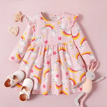 PatPat ir 2021. Jaunu Ierašanos Pavasarī Toddler Meitene Vienradzis un Stabilu Ilgtermiņa piedurknēm 18-24M Baby Girl Dress Rozā un Blck Drēbes
