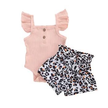 0-24M Baby Meitenes, 2 GAB. Vasaras Leopard apģērbs lidot piedurknēm melnā, rozā savirmot Romper Top Stiept Leopard loku, Bikses, apģērbu komplekts