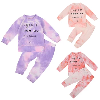 1-5Years Baby Toddler Meitene kaklasaišu Krāsošanas Iespiesti Rudens Apģērbu Komplekts ar garām Piedurknēm O-veida Kakla Top Krekls, Garās Bikses 2gab 3Colors Apģērbs, Komplekts