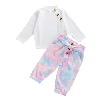 1-6Y Modes Bērni Meiteņu Rudens Apģērbu Komplekti Toddler Bērniem, Meitenēm, trikotāžas-Adītus ar garām Piedurknēm Topi+Bowknot Kaklasaites Krāsu Drukas Bikses 2GAB
