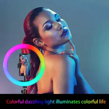 10 Collu RGB Gaismas Gredzenu Ar Desktop Statīva Tālrunis Klipu Selfie Krāsaina Fotogrāfija Apgaismojums YouTube Īsu Video Live