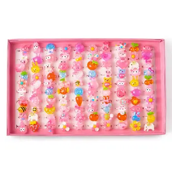 100gab/box Cute Bērnu Diena Rotaslietas Plastmasas Bērni Gredzeni Meitenēm, ar Jauktu Stilu Sveķu Cabochons, Jauktu Krāsu, 14mm
