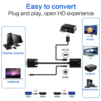 1080P HD AV Kabelis, VGA UZ HDMI Adapteri VGA2HDMI MINI Pārveidotājs ar 3,5 mm Audio HDTV PC DVD STB XBOX, Dators, Projektors