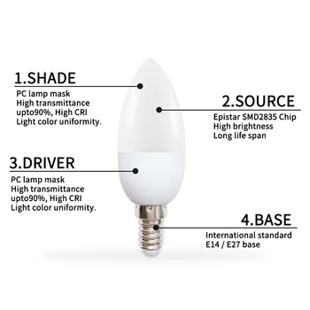 10Pcs/daudz E14 LED Sveces spuldzes E27 led Spuldzes, lampas lustras Svece AC 220V 3W sešas krāsas Lampas, Apdares Gaismas Enerģijas Taupīšana
