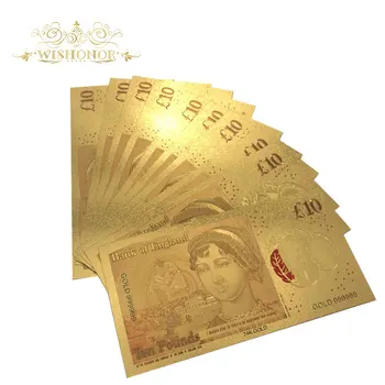 10pcs/daudz Jaunu Produktu Krāsainu Anglijas Zelta Banknošu 10 Mārciņas Banknotes 24k Zelta Pārklājumu, Viltus Papīra Naudu, Lai Kolekcija