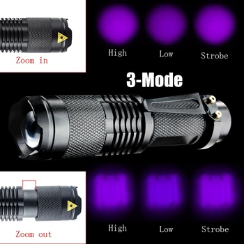 116mm 3Modes Regulējams Fokuss UV LED Lukturīti Ultra Violeta Purpura Gaismas Lāpu Zoomable 18650 Lukturīti Lanterna uv gaismas