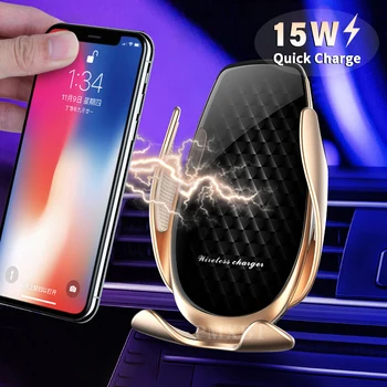 15W, Auto Bezvadu Lādētājs iPhone 11 Infrasarkanais Sensors, Automātiskās Spriegošanas Qi Bezvadu Fast Charger Auto Telefona Turētājs Samsung