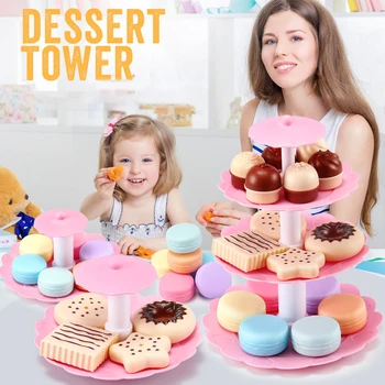 17Pcs Bērniem Virtuves Rotaļlieta, Augstu Tējas Komplekts Meitenēm Deserts Tornis Miniatūrā Pārtikas Dinette Bērnu Rotaļu Virtuve Spēlēt Mini Kūka, Cepumi