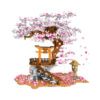 1814+Gab. Mazu Daļiņu Romantiska Sakura Koks Cherry Blossom DIY Celtniecības Bloki Dāvanu Kastē -Vidējā līmeņa Sakura Apskatītu + Senbon Torii