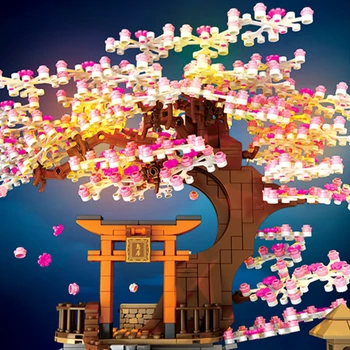 1814+Gab. Mazu Daļiņu Romantiska Sakura Koks Cherry Blossom DIY Celtniecības Bloki Dāvanu Kastē -Vidējā līmeņa Sakura Apskatītu + Senbon Torii