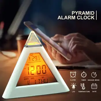 1gb 7 Krāsas, Krāsains Piramīdas LCD Modinātājs, Nakts Gaisma Termometrs Digital Sienas Pulkstenis Maināmais Led Pulkstenis Mājas Dekoru