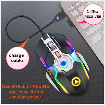 2.4 G Bezvadu Spēļu Pele Uzlādējams Klusums 7 Krāsu LED Backlit Pelēm, USB Optisko Ergonomisks Peles PC/LOL CS
