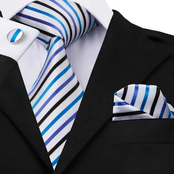 2016 Modes white&black&blue Stripe Kaklasaiti+Hanky+aproču pogas Zīda Kaklasaites, Zeķubikses Vīriešiem Formālas Biznesa Kāzu Puse C-290