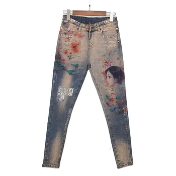 2018 Jaunas Slim Pencil Bikses Vintage Augsta Vidukļa Džinsus jaunas sieviešu bikses Potītes Garuma Bikses drukāt kovboju bikses A393