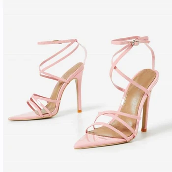 2018 jaunākās PU vasaras sandales sieviešu augstpapēžu kurpes siksnu sprādzes norādīja toe krusta sasaistīto kāzu kurpes dāmas zapatos mujer