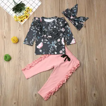 2019 Baby Toddler Meitenes ar garām piedurknēm Ziedu drēbes Ruffles Puķu Bērns, Topi, Bikses Galvu Rudens Drēbes 3PCS apģērbs apģērbs