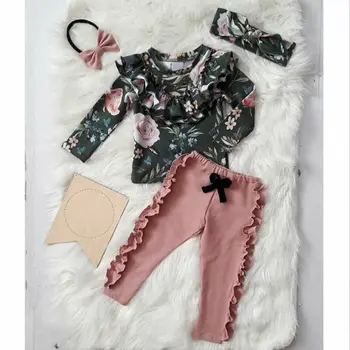 2019 Baby Toddler Meitenes ar garām piedurknēm Ziedu drēbes Ruffles Puķu Bērns, Topi, Bikses Galvu Rudens Drēbes 3PCS apģērbs apģērbs