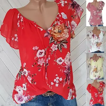 2019 Jaunākās Modes Karstā Vasaras Sieviešu Ziedu Topi Dāmas Īsām Piedurknēm T-Krekls Plus Lieluma 8-16