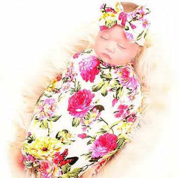 2019 Pavisam Jaunu Jaundzimušā bērna Baby Meitene Zēnu Drēbes Swaddle Segu Mīkstu Miega Swaddle Muslīnu Wrap Galvu 2gab Ziedu Komplekti