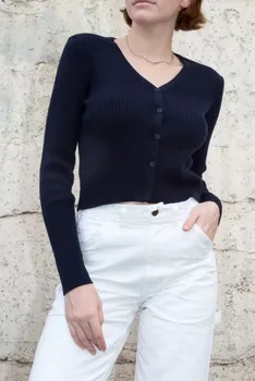 2019 Sieviešu Trikotāžas Vienu-krūšu Novāktajiem Jaka Vintage Džemperis ar V veida kakla Pakļauti nabas Īss Trikotāžas Džemperis ar garām piedurknēm Topi