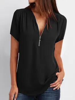 2019 T krekls sievietēm, Jaunā V-veida kakla rāvējslēdzēju īsām piedurknēm zaudēt šifona kreklu gadījuma karstā pārdošanas tshirt sieviešu topi vestidos plus lieluma