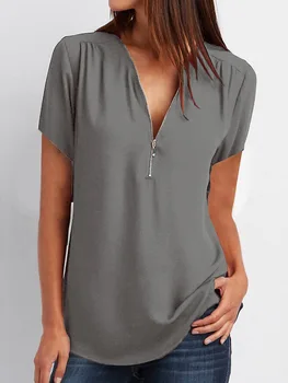 2019 T krekls sievietēm, Jaunā V-veida kakla rāvējslēdzēju īsām piedurknēm zaudēt šifona kreklu gadījuma karstā pārdošanas tshirt sieviešu topi vestidos plus lieluma