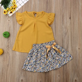 2019 Vasaras Apģērbu 1-ź5 y Zīdainis, Mazulis Baby Girl Apģērbu Komplekts Dzeltena Šifona Savirmot Topi Ziedu Drukāt Svārki Drēbes 2gab Tērpiem