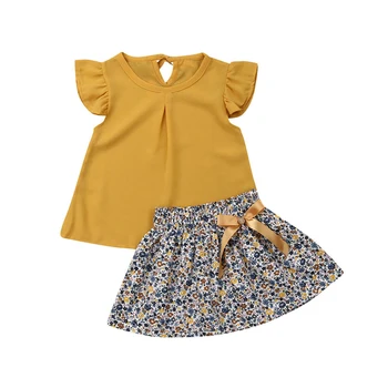 2019 Vasaras Apģērbu 1-ź5 y Zīdainis, Mazulis Baby Girl Apģērbu Komplekts Dzeltena Šifona Savirmot Topi Ziedu Drukāt Svārki Drēbes 2gab Tērpiem