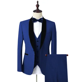 2019 Velvet Šalle Atloks Black/Royal Blue Groomsman Vīriešu Uzvalku Slim Fit Uzvalku Jaka Pasūtījuma Žakete Kāzu Līgavainis Oficiālu Kostīmi