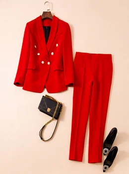 2019 biroja Dāma darba žakete tērpi, OLA, sieviešu bikses, uzvalks, sievietēm, bleizeri, žaketes ar bikšu divi gabali komplekts rozā sarkana