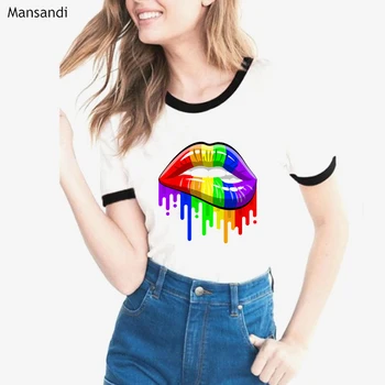 2019. gada vasaras topi modes akvarelis Varavīksnes Lepnums Lūpām t krekls sievietēm harajuku kawaii t-krekls femme white gadījuma tshirt sieviete