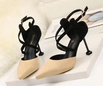 2019. gada vasarā Jaunā sieviešu sexy norādīja toe potītes siksniņu, sekla zamšādas cross-neizšķirts augstpapēžu sandales kurpes sieviete sūkņi