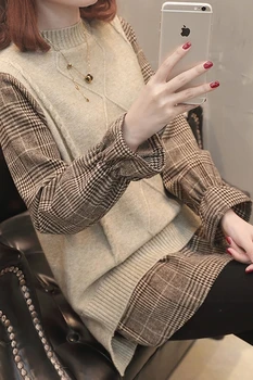 2019. gadā-Pavasarī Un Rudenī Mozaīkas Viltus Divus Gabalus Modes Džemperis Sieviešu Apaļu Kakla Pleds ar garām Piedurknēm Garš Džemperis Sieviete