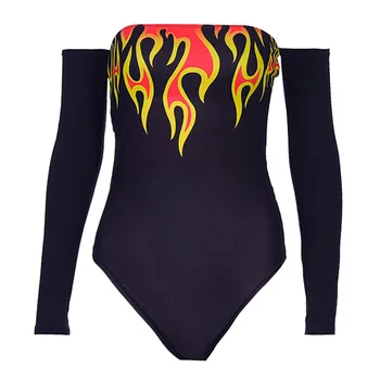 2019 garām piedurknēm slash kakla uguns drukāt sexy bodysuit rudens ziemas sievietes streetwear kluba bodycon ķermeņa