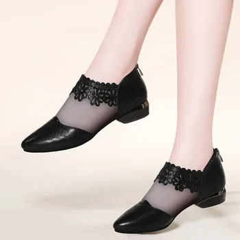2019 jaunas vasaras sandales Norādīja Elegants Sieviešu kurpes Melnas Mežģīnes Potītes Zieda zema Papēža rāvējslēdzēju ziedi gadījuma sandales