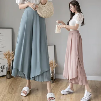 2020. Gada Vasaras Korejas Elegants Kroku Plaša Kāju Šifona Bikses Sievietēm Culottes Bikses Ar Augstu Vidukli Gadījuma Bikses Sievietēm, Lielie Izmēri