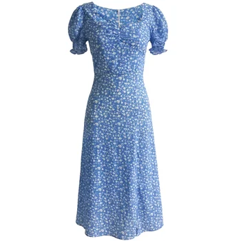 2020. Gada Vasaras Puse Wrap Kleita Vintage Blue Print Ziedu Sexy Spraugas Beach Brīvdienu Kleitas Dāmas Vestidos