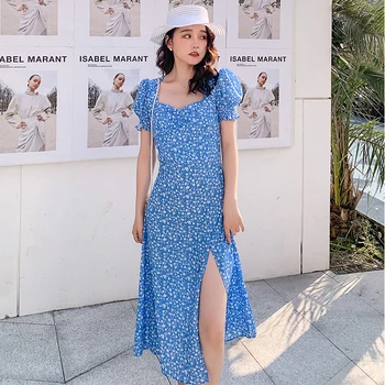 2020. Gada Vasaras Puse Wrap Kleita Vintage Blue Print Ziedu Sexy Spraugas Beach Brīvdienu Kleitas Dāmas Vestidos
