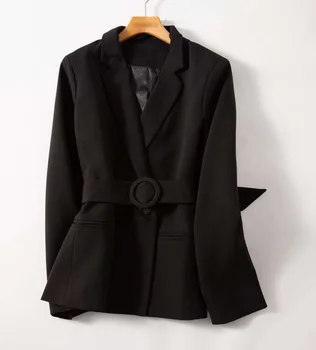 2020 Jaunu Melnu Sieviešu Žakete V-veida kakla Slim Dāmas biroja mētelis vienu pogu uzvalks sieviešu jaka tops ar jostu
