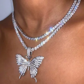 2020 Jaunu cz Tenisa Ķēdes ar Crystal Butterfly Šarmu sānslīdi kaklasaite Kaklarotas Ledus No Bling Hip Hop Sieviešu Rotaslietas Kubas Saiti sānslīdi kaklasaite