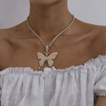 2020 Jaunu cz Tenisa Ķēdes ar Crystal Butterfly Šarmu sānslīdi kaklasaite Kaklarotas Ledus No Bling Hip Hop Sieviešu Rotaslietas Kubas Saiti sānslīdi kaklasaite