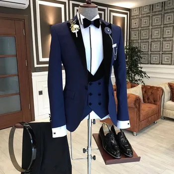 2020 Jaunākās Modes Tumši Zils Kostīms Homme Uzņēmējdarbības Vīriešu Uzvalki, Kāzu Uzvalki Vīriešiem Ternos Masculinos Slim Fit Tuxedos 3 Gabalu