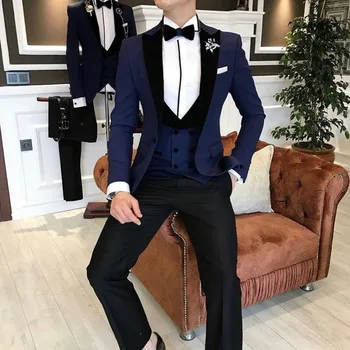 2020 Jaunākās Modes Tumši Zils Kostīms Homme Uzņēmējdarbības Vīriešu Uzvalki, Kāzu Uzvalki Vīriešiem Ternos Masculinos Slim Fit Tuxedos 3 Gabalu