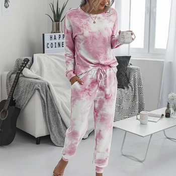 2020 Rudens Ziemas Loungewear Sieviešu Pyjama Uzstādīt kaklasaišu krāsošanas Mājas apstākļos, Atpūtas Komplekti, Homewear Sievietēm ar garām Piedurknēm Lounge Valkāt Sleepwear