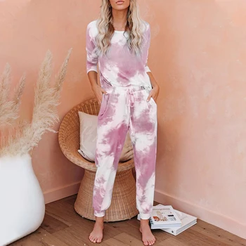 2020 Rudens Ziemas Loungewear Sieviešu Pyjama Uzstādīt kaklasaišu krāsošanas Mājas apstākļos, Atpūtas Komplekti, Homewear Sievietēm ar garām Piedurknēm Lounge Valkāt Sleepwear