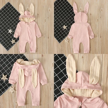 2020 Rudens Ziemas Zīdaiņu Apģērbs Jaundzimušo Bērnu Zēni Meitenes Bunny Ausis Romper Garām Piedurknēm Apģērbs Trušu Kopumā Zip Silts Jumpsuit