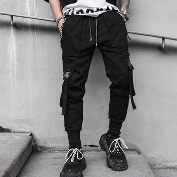 2020. gada Pavasara Hip Hop Joggers Vīri Melnā Harēma Bikses Multi-kabatas Lentes Cilvēks Treniņbikses Streetwear Gadījuma Vīriešu Bikses M-3XL