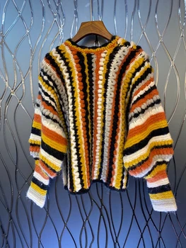 2020. gada Rudens un Ziemas jauno sieviešu apaļu kakla krāsu saskaņošanas svītrains kokvilnas dekoratīvu brīvs džemperis 916