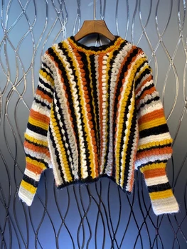 2020. gada Rudens un Ziemas jauno sieviešu apaļu kakla krāsu saskaņošanas svītrains kokvilnas dekoratīvu brīvs džemperis 916